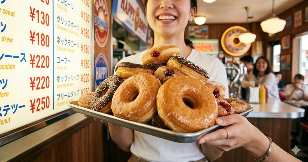 ハッピードーナッツの価格の安さと満足感。トレイに山盛りの多様なドーナツと、アメリカンレトロな店内価格表。