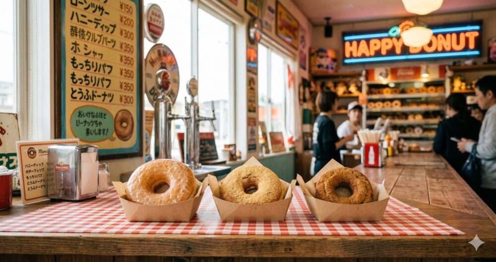 ハッピードーナッツのおすすめTOP3：ハニーディップ、もっちりパフ（きな粉）、豆腐ドーナツの3種類が並んだ写真。