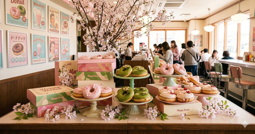 ハッピードーナッツの季節限定メニュー。桜フレーバーや抹茶、イチゴのドーナツが並ぶ春の特別展示。