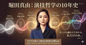 堀田真由の演技哲学の10年史をまとめたアイキャッチ画像。中央に凛とした表情の堀田真由のイラストが配置され、背景には2014年から2026年に至るまでの5つのフェーズ（無色の受容、共鳴の発見、人間性の抽出、引き算の美学、不完全さの受容）がタイムライン形式で描かれている。画像内には「真っ白な繭から生まれる、私だけの糸。」という引用文と、「ブログを読んで彼女の真価を目撃せよ」というキャッチコピーが記載されている。