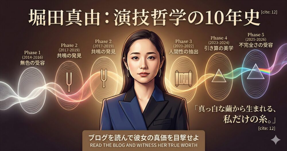 堀田真由の演技哲学の10年史をまとめたアイキャッチ画像。中央に凛とした表情の堀田真由のイラストが配置され、背景には2014年から2026年に至るまでの5つのフェーズ（無色の受容、共鳴の発見、人間性の抽出、引き算の美学、不完全さの受容）がタイムライン形式で描かれている。画像内には「真っ白な繭から生まれる、私だけの糸。」という引用文と、「ブログを読んで彼女の真価を目撃せよ」というキャッチコピーが記載されている。