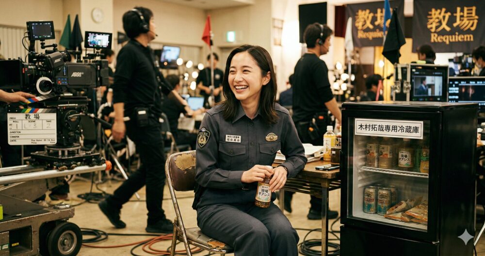 映画『教場 Requiem』の撮影現場で、木村拓哉専用冷蔵庫の差し入れを手に笑顔を見せる堀田真由。