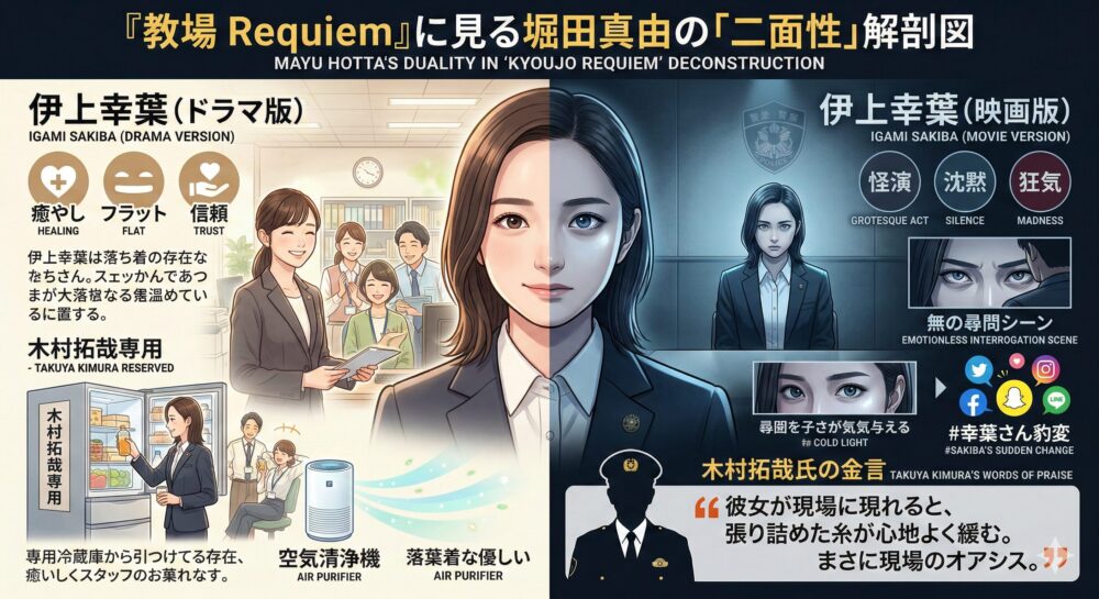『教場 Requiem』における堀田真由の「二面性」を解説するインフォグラフィック画像。明るいオフィスで「癒やし」「オアシス」として描かれるドラマ版の伊上幸葉（左）と、冷徹な取調室で「怪演」「狂気」を見せる映画版の伊上幸葉（右）を対比している。