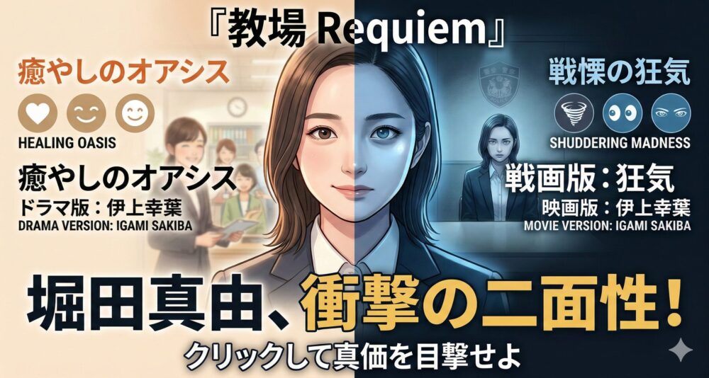 「教場 Requiem」に出演する堀田真由の二面性を強調したアイキャッチ画像。中央に堀田真由の顔があり、左側は温かい光と笑顔の「ドラマ版：伊上幸葉（癒やしのオアシス）」、右側は冷たい青白い光と無表情の「映画版：伊上幸葉（戦慄の狂気）」が描かれている。画像上部には「『教場 Requiem』」、左上には「癒やしのオアシス」「ドラマ版：伊上幸葉」、右上には「戦慄の狂気」「映画版：伊上幸葉」の文字がある。下部には大きく「堀田真由、衝撃の二面性！」、さらにその下に「クリックして真価を目撃せよ」と書かれている。
