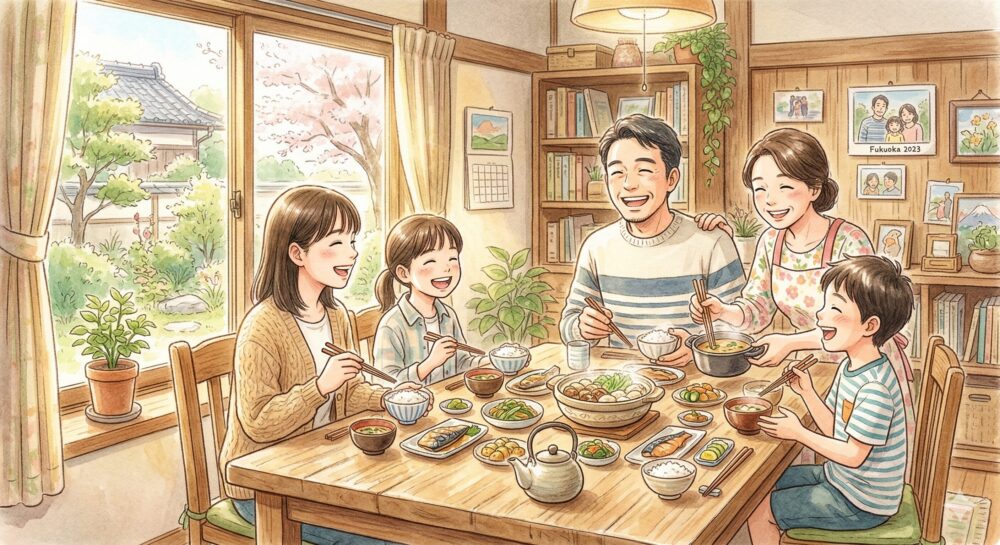 今田美桜さんのルーツである福岡の温かい家庭と家族の絆をイメージしたイラスト