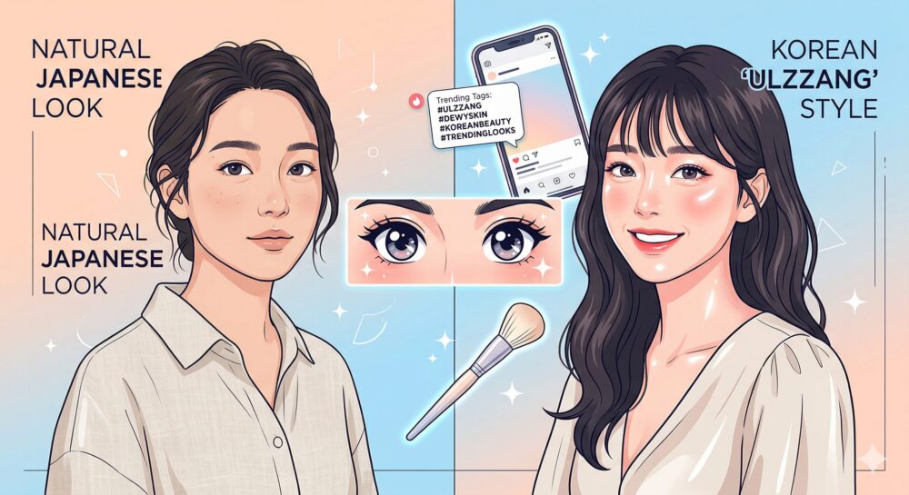 今田美桜さんが韓国人やハーフと間違われる要因となった、華やかなメイクと顔立ちの比較イラスト