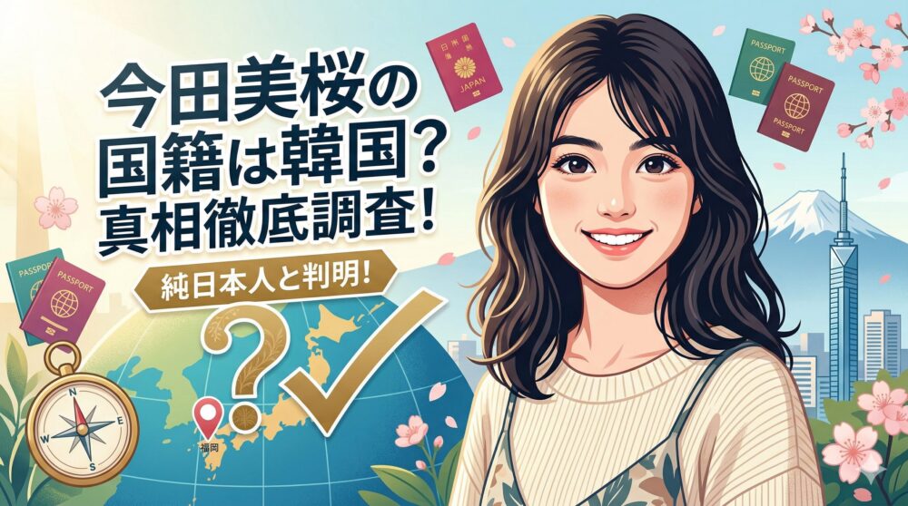 今田美桜の国籍が韓国という噂を検証し、純日本人であることを解説するブログ記事のアイキャッチ画像。笑顔の女性のイラストと、「今田美桜の国籍は韓国？真相徹底調査！純日本人と判明！」というキャッチコピー、日本地図とチェックマークが描かれている。