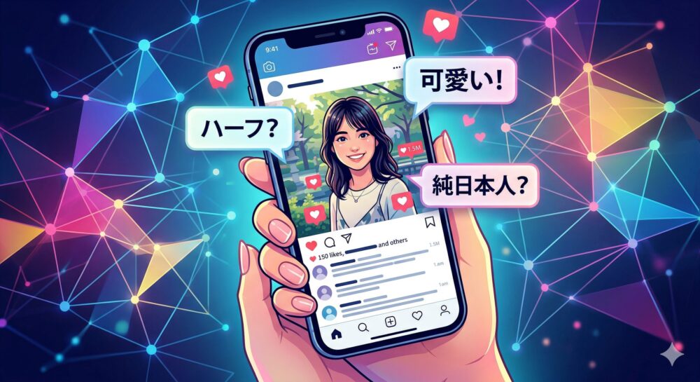 今田美桜さんのビジュアルがSNSで大きな話題(バズ)を呼んでいる様子を表現したイラスト