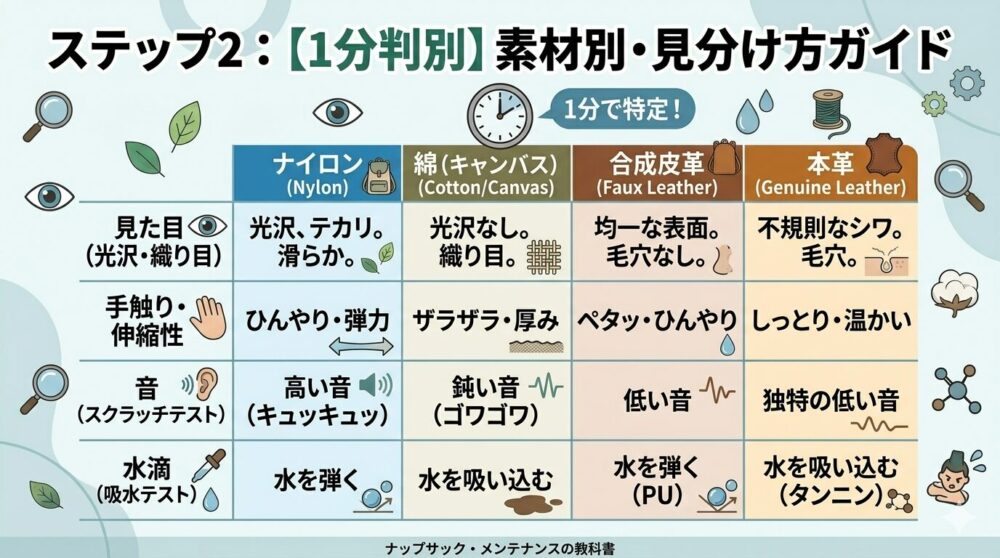 「ステップ2：【1分判別】素材別・見分け方ガイド」という日本語タイトルと「1分で特定！」という副タイトルを持つ、クリーンで教育的な数字イラスト比較表。4つの材料（ナイロン、綿（キャンバス）、合成皮革、本革）を4つの特徴（見た目（光沢・織り目）、手触り・伸縮性、音（スクラッチテスト）、水滴（吸水テスト））にわたって、詳細な日本語説明と小さなアイコンで比較している。ナイロンは光沢があり滑らかで、ひんやり・弾力があり、高い音（キュッキュッ）がし、水を弾く。綿（キャンバス）は光沢がなく織り目があり、ザラザラ・厚みがあり、鈍い音（ゴワゴワ）がし、水を吸い込む。合成皮革は均一な表面で毛穴がなく、ペタッ・ひんやりしており、低い音がし、水を弾く（PU）。本革は不規則なシワと毛穴があり、しっとり・温かく、独特の低い音がし、水を吸い込む（タンニン）。周囲には、放大鏡、目、歯車、葉、糸巻き、水滴、綿鈴、皮革タグ、タンニン分子、分子の浮かぶアイコンが散りばめられている。下部に「ナップサック・メンテナンスの教科書」のフッターテキスト。