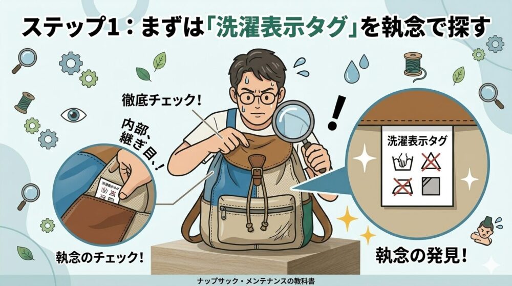 「ステップ1：まずは「洗濯表示タグ」を執念で探す」と日本語で書かれた教育的なデジタルイラストレーション。中央では、虫眼鏡を持つ必死な表情の男性がナップサックの継ぎ目や内部を細かくチェックしている。左下のクローズアップでは、手が隠れたポケットをめくり小さなタグを見つけ、「執念のチェック！」のラベルが付いている。右側の吹き出しには「洗濯表示タグ」とあり、拡大された洗濯マーク（手洗い、漂白不可、アイロン不可、平干し）が、「執念の発見！」のラベル、星、小さな満足した人物とともに描かれている。背景には、歯車、葉、虫眼鏡、目、糸巻きの浮かぶアイコン。下部に「ナップサック・メンテナンスの教科書」のフッターテキスト。
