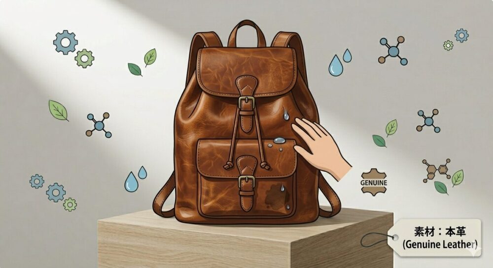 木製の展示台の上に置かれた、ヴィンテージな茶色の本革製ドローストリングナップサックのクリーンなデジタルイラストレーション。表面に水滴テストによる濡れたシミ（吸水）があり、その近くに手がある。周囲には、歯車、葉、水滴、鞣し（なめし）タンニン分子構造、小さな「GENUINE」および「COW」と書かれた革のタグ、革剥ぎナイフのアイコンが浮かんでいる。右下のぶら下がるタグには、日本語で「素材：本革」と、その下に英語で「(Genuine Leather)」と書かれている。プロ直伝の素材鑑定術シリーズの一部。