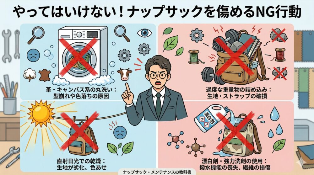 『やってはいけない!ナップサックを傷めるNG行動』という日本語タイトルを持つ、教育的な警告インフォグラフィックパネル。中央には、厳しい表情で人差し指を立てて警告するプロ鑑定士(眼鏡をかけた男性キャラクター)が描かれている。4つのパネルがNG行動とリスクを具体的に説明しており、それぞれに大きな赤い×印が付いている。
左上(洗濯機パネル): 「革・キャンバス系の丸洗い:型崩れや色落ちの原因」というラベル。
右上(過負荷パネル): ダンベルや岩が詰め込まれたバッグと、「過度な重量物の詰め込み:生地・ストラップの破損」というラベル。
左下(日光パネル): 直射日光に晒されるバッグと、「直射日光での乾燥:生地が劣化、色あせ」というラベル。
右下(漂白剤パネル): 漂白剤をかけられるバッグと、「漂白剤・強力洗剤の使用:撥水機能の喪失、繊維の損傷」というラベル。
周囲には虫眼鏡、歯車、水滴、菌、悲しい顔などのアイコンが散りばめられ、フッターには「ナップサック・メンテナンスの教科書」のテキスト。これまでのシリーズ(image_13.pngからimage_56.png)と一貫したクリーンで現代的なイラストスタイル。