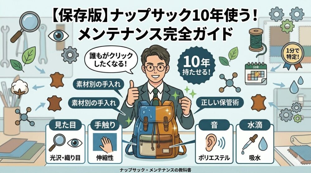 「【保存版】ナップサック10年使う！」と「メンテナンス完全ガイド」という大きな日本語テキストを持つ、教育的でクリーンなクリック率向上を意図したアイキャッチインフォグラフィック画像。中央には、眼鏡をかけスーツを着た、親指を立てた笑顔のプロフェッショナルな男性鑑定士が、ワークベンチの後ろに立っている。彼が両手で持っているナップサックは、4つの異なる素材（青いナイロン、ベージュのキャンバス、茶色の合成皮革、アンバーの本革）のパネルで構成された「symbolic masterpiece」である。表面にはレザーバームによる光沢と、撥水剤によるきれいな水滴が見える。周囲には緑色のチェックマークと清潔感の輝き。男性の近くに「誰もがクリックしたくなる！」、ナップサックの近くに「素材別の手入れ」「正しい保管術」という日本語テキスト。ナップサックの下には、素材チェックの4つのアクションをまとめた4つの簡略化されたパネルがある。左1:「見た目」。虫眼鏡/目のアイコン。テキスト:「光沢・織り目」。ナイロンとキャンバスのパネルを指す。左2:「手触り」。布地に触れる手のアイコン。テキスト:「伸縮性」。ナイロンパネルを指す. 右1:「音」。耳のアイコンと音波。テキスト:「ポリエステル」。暗いポリエステルパネルを指す。右2:「水滴」。スポイトのアイコンと水滴。テキスト:「吸水」。キャンバスと合成皮革のパネルを指す。周囲には、これまでのシリーズ画像と一貫した浮遊するアイコン（拡大鏡、目、歯車、繁茂する葉、糸巻き、水滴、綿鈴、皮革タグ、分子構造、タンニン酸分子、10年カレンダー、クリーンな歯車）が scattered している。右上に「1分で特定！」という小さなバッジ。下部には「ナップサック・メンテナンスの教科書」の日本語テキスト。ぼかされたワークショップの背景。キャラクター、ナップサック、ツール、およびアイコンは、これまでのシリーズと同じrecurring elements。カラーパレットは青、緑、茶、ベージュが中心。現代的なデジタルアートとクリーンなインフォグラフィックのスタイル。