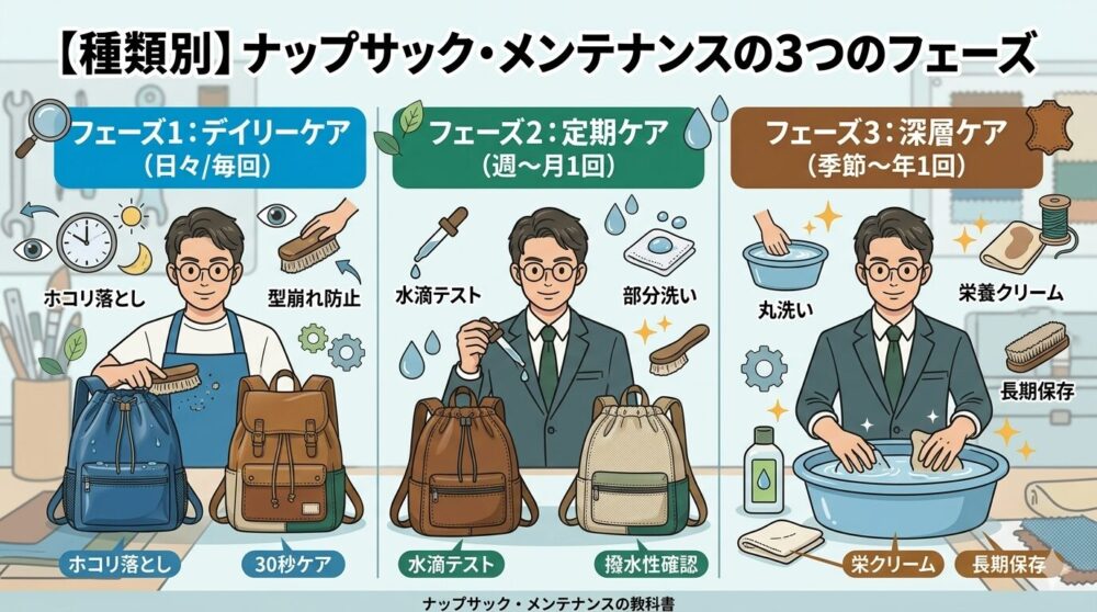 「【種類別】ナップサック・メンテナンスの3つのフェーズ」と日本語で書かれた、クリーンで教育的なインフォグラフィックパネル。3つの垂直な列が、それぞれのメンテナンスフェーズを詳細に示している。左側の列1(青パネル)は「フェーズ1:デイリーケア (日々/毎回)」。アプライザー(男性、眼鏡、ネクタイ)が、ナイロンと革のナップサックにホコリ落としのブラッシングをしており、ホコリ、型崩れ防止のアイコンがある。小さな日本語ラベル:ホコリ落とし、型崩れ防止、30秒ケア。中央の列2(緑パネル)は「フェーズ2:定期ケア (週〜月1回)」。アプライザーが水滴テストを、撥水する合皮と吸い込むキャンバスのナップサックに行っている。小さな日本語ラベル:水滴テスト、部分洗い、撥水性確認。右側の列3(茶パネル)は「フェーズ3:深層ケア (季節〜年1回)」。アプライザーが、4つの元の判別完了したナップサックを洗面器( image_46.pngから)と特定洗剤で手洗いしており、革バッグに栄養クリーム(image_48.pngから)を塗っている。小さな日本語ラベル:丸洗い、長期保存、栄養クリーム、長期保存。周囲には、これまでのシリーズ画像(image_13.pngからimage_53.png)と一貫した浮遊するアイコン(拡大鏡、目、歯車、葉、糸巻き、水滴、綿鈴、皮革タグ、鞣し(なめし)タンニン分子構造、分子)が scattered している。緑色のチェックマークと清潔感の輝き。下部には「ナップサック・メンテナンスの教科書」の日本語テキスト。ぼかされたワークショップの背景。 image_13.pngからimage_53.pngまでの一貫した現代的なデジタルイラストレーションとインフォグラフィックのスタイル。キャラクター、ナップサック、ツール、およびアイコンは、これまでのシリーズと同じ。カラーパレットは青、緑、茶が中心。