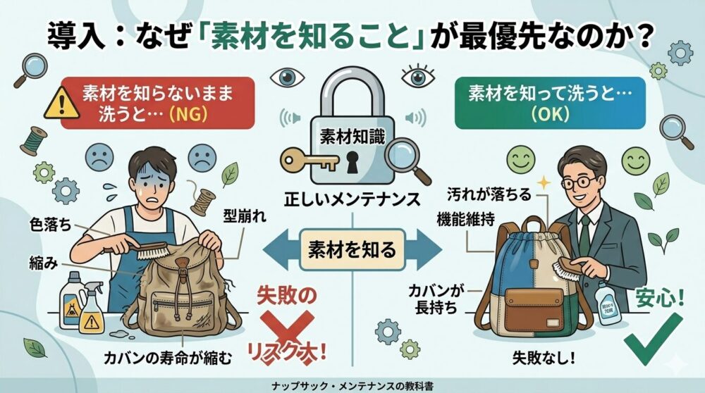 「【ナップサック】9割判別できる！プロ直伝の「素材見極めテクニック」」というタイトルテキストを持つ、ブログ記事のアイキャッチ画像。中央にナップサックと、それを虫眼鏡で鑑定する笑顔のプロフェッショナルな男性が描かれている。周囲には、見た目（光沢）、手触り（伸縮性）、水滴（吸水）、音（ポリエステル）の4つの見極めテクニックを示す小さなアイコンと日本語ラベルが配置。右上に「9割判別!」のバッジ。フッターは「ナップサック・メンテナンスの教科書」。