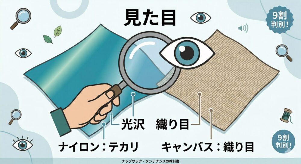 【素材鑑定術】「見た目」の光沢と織り目をチェック。虫眼鏡で光沢のあるナイロン(テカリ)とマットなキャンバス(織り目)を鑑定するイラスト。