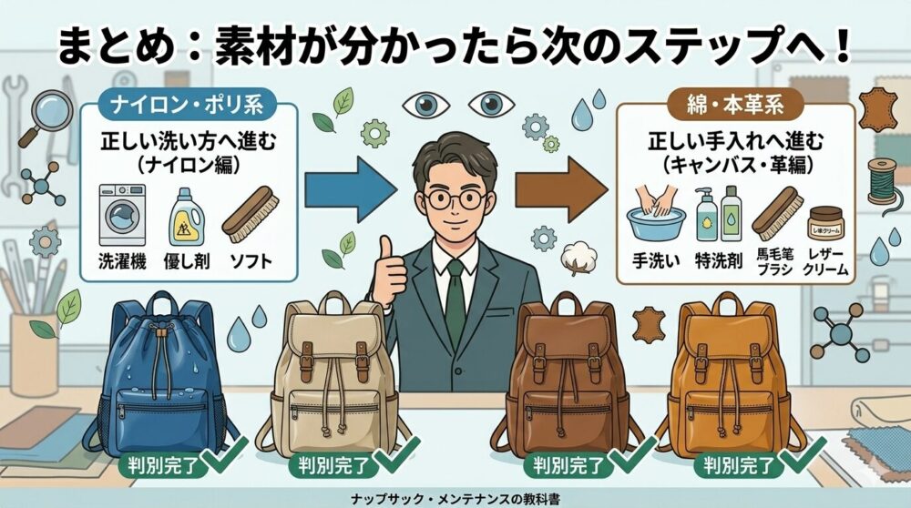 「まとめ：素材が分かったら次のステップへ！」と日本語で書かれた、教育的でクリーンなまとめインフォグラフィック。中央では、拡大鏡を持ったプロ鑑定士が親指を立てている。その下には、判別完了した4つのナップサック（ナイロン、キャンバス、合成皮革、本革）が並び、それぞれに緑色のチェックマークが付いている。上部では、2つの大きな矢印が洗い方と手入れ方法のパネルを指している。左側は「ナイロン・ポリ系正しい洗い方へ進む（ナイロン編）」、洗濯機、優しい洗剤、ソフトブラシのアイコン。右側は「綿・本革系正しい手入れへ進む（キャンバス・革編）」、手洗い盆、特定洗剤、馬毛筆ブラシ、レザークリームのアイコン。背景には、歯車、葉、水滴、綿鈴、皮革タグ、鞣し（なめし）タンニン分子構造、小さな満足した人物のアイコン。下部に「ナップサック・メンテナンスの教科書」のフッターテキスト。