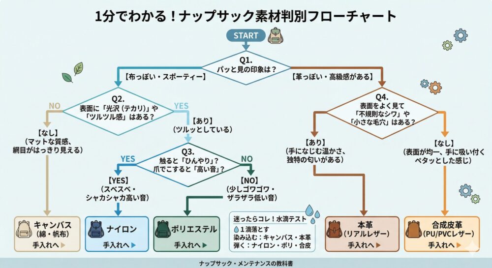 1分でわかるナップサック素材判別フローチャートのインフォグラフィック。STARTからQ1(第一印象)で布系か革系に分岐。布系は光沢と手触りでキャンバス、ナイロン、ポリエステルに、革系はシワと毛穴で本革、合成皮革に判別。各結果にメンテナンス記事へのリンクがある。水滴テストによる判別方法も記載。
