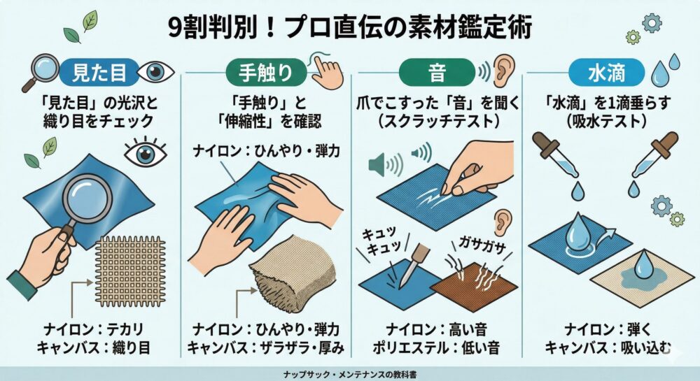 ナップサックの素材鑑定術を示すインフォグラフィック。メインタイトルは「9割判別!プロ直伝の素材鑑定術」、フッタータイトルは「ナップサック・メンテナンスの教科書」。4つの識別方法をイラストとテキストで説明しています。
1.「見た目」:虫眼鏡と目。ナイロンはテカリ(光沢)があり、キャンバスは織り目がある。
2.「手触り」:布に触れる手。ナイロンはひんやりして弾力があり、キャンバスはザラザラして厚みがある。
3.「音」:爪でこする手と耳。ナイロンは高い音(キユツキユツ)、ポリエステルは低い音(ガサガサ)。
4.「水滴」:水滴を垂らすスポイト。ナイロンは水を弾き、キャンバスは水を吸い込む。