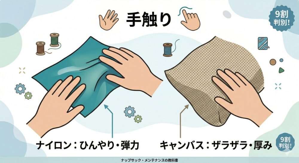 【素材鑑定術】「手触り」と「伸縮性」を確認。ひんやり・弾力のあるナイロンと、ザラザラ・厚みのあるキャンバスを鑑定するイラスト。