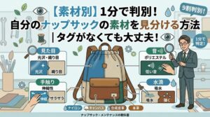 『【素材別】1分で判別！自分のナップサックの素材を見分ける方法｜タグがなくても大丈夫！』というタイトルテキストを持つ、クリーンで現代的な教育用アイキャッチインフォグラフィック画像。中央には、ナイロン、キャンバス、合成皮革、本革のパネルを持つ多素材ナップサックが展示されている。右側には、笑顔のプロフェッショナルな男性が虫眼鏡を掲げている。周囲には、見た目（光沢・織り目）、手触り（伸縮性）、音（ポリエステル、低い音）、水滴（吸水）の4つの判別アクションを示す日本語テキストと小さなアイコン（ magnifying glass, hand, ear, dropper, water drop）のパネルが配置。下部には、判別完了したナイロン、キャンバス、合成皮革、本革の具体的な property アイコン（水滴撥水、綿鈴、皮革タグなど）が並んでいる。右上のバッジには「9割判別!」「1分で特定！」と書かれている。背景には、拡大鏡、目、歯車、葉、糸巻き、水滴、綿鈴、皮革タグ、鞣し（なめし）タンニン分子構造、分子の浮かぶアイコンが散りばめられている。下部に「ナップサック・メンテナンスの教科書」のフッターテキスト。