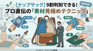 『【ナップサック】9割判別できる！プロ直伝の「素材見極めテクニック」』というタイトルテキストを持つ、ナップサックの素材鑑定ガイドのアイキャッチ画像。中央にナップサックと、それを小さな虫眼鏡で鑑定する笑顔のプロの男性が描かれている。周囲には、光沢（ナイロン）、手触り（伸縮性）、水滴（吸水）、音（ポリエステル）の4つの素材見極めテクニックがイラストで示されている。下部に『ナップサック・メンテナンスの教科書』のテキスト。