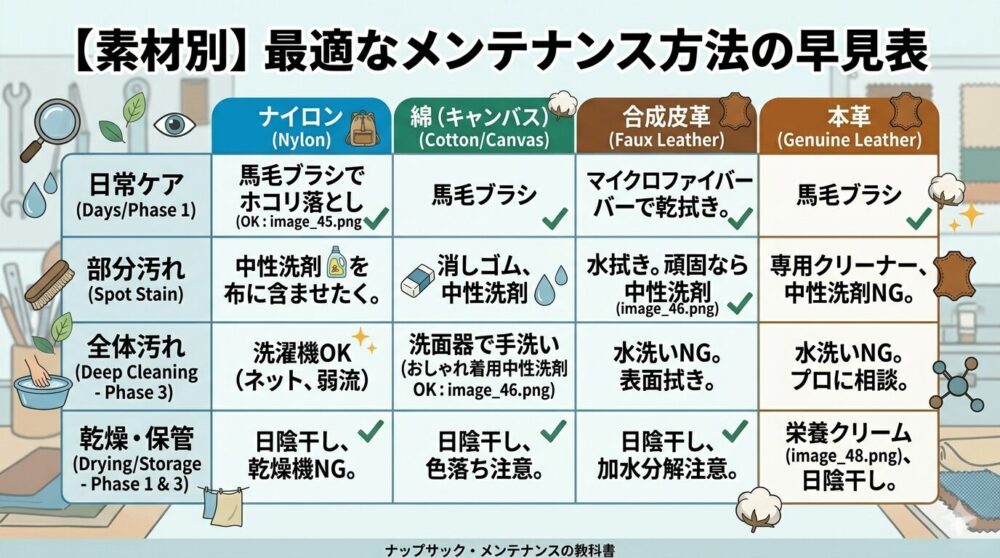 『【素材別】最適なメンテナンス方法の早見表』と日本語で書かれた、クリーンで現代的な教育用インフォグラフィックパネル。画像中央には、4行4列の比較早見表(チャート)が配置されている。行見出し(左側)には、「日常ケア (Days/Phase 1)」「部分汚れ (Spot Stain)」「全体汚れ (Deep Cleaning - Phase 3)」「乾燥・保管 (Drying/Storage - Phase 1 & 3)」と小さな日本語ラベルとアクションアイコン。列見出し(上部)には、4つの判別完了したナップサックと素材名:「ナイロン (Nylon)」「綿(キャンバス) (Cotton/Canvas)」「合成皮革 (Faux Leather)」「本革 (Genuine Leather)」と小さな素材アイコン。早見表の各セルには、具体的なメンテナンスアクション、小さなアイコン、そして引用された商品紹介画像のファイル名が書かれている。例えば、ナイロン/日常ケアには、馬毛ブラシでホコリ落とし。キャンバス/全体汚れには、洗面器で手洗い。周囲には、これまでのシリーズ画像と一貫した浮遊するアイコン(拡大鏡、目、歯車、葉、糸巻き、水滴、綿鈴、皮革タグ、鞣し(なめし)タンニン分子構造、分子)が散りばめられている。緑色のチェックマークと清潔感の輝き。下部には「ナップサック・メンテナンスの教科書」の日本語テキスト。ぼかされたワークショップの背景。 カラーパレットは青、緑、茶、ベージュが中心。