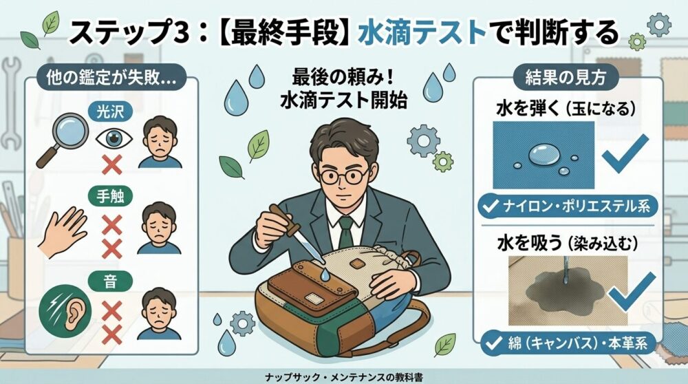 「ステップ3：【最終手段】水滴テストで判断する」と日本語で書かれた教育的なインフォグラフィックパネル。中央では、必死な表情のプロ鑑定士が水滴テストを開始している。左側のパネルは、他の鑑定法（見た目、手触り、音）が失敗した様子を描き、赤Xと悲しい人物のアイコン。右側のパネルは、結果の見方を説明。「水を弾く（玉になる）」は「ナイロン・ポリエステル系」、「水を吸う（染み込む）」は「綿（キャンバス）・本革系」と区別。フッターは「ナップサック・メンテナンスの教科書」。