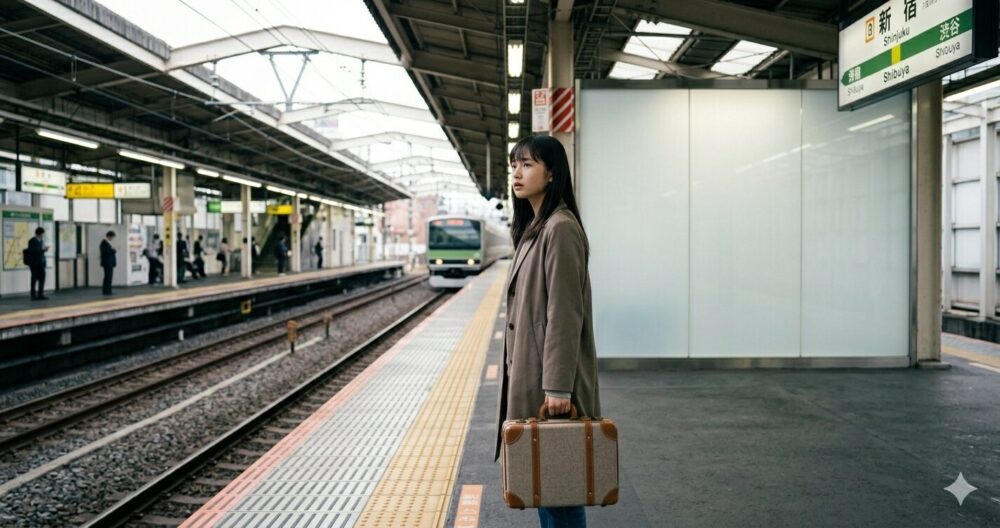 演技哲学第1期:上京し、駅のホームで佇む若き堀田真由。何色にも染まっていない「無色」の状態を受け入れ、未来の役を夢見る。