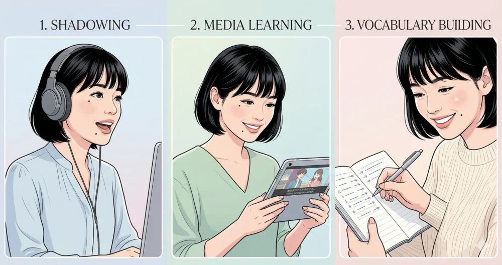 シャドーイング、動画視聴、単語暗記の3つの最強勉強法を実践する森迫永依さんの清楚なイラスト。TOEIC満点の秘訣を表現。