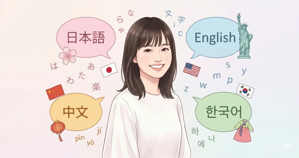 森迫永依さんが、日本語、英語、中国語、韓国語の4つの言語に囲まれている。マルチリンガル(クワドリンガル)であることを象徴。