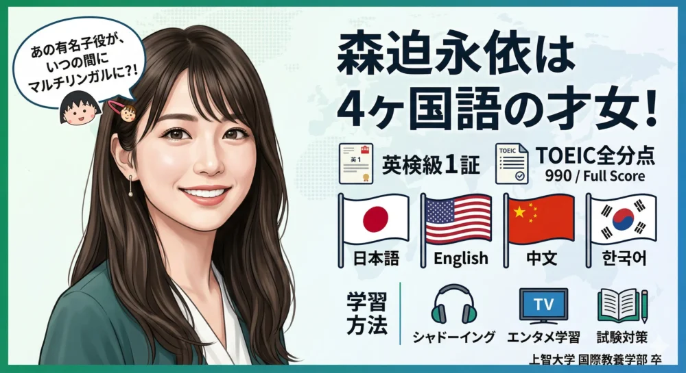 森迫永依が4ヶ国語（日本語・英語・中国語・韓国語）を習得した勉強法を解説するブログ記事のアイキャッチ画像。英検1級合格やTOEIC 990点満点の実績、上智大学国際教養学部卒業の経歴、シャドーイングやエンタメ学習、試験対策などの具体的な学習メソッドがイラストと国旗アイコンで分かりやすくデザインされている。