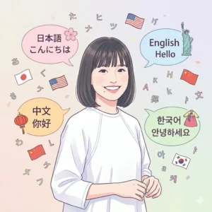 森迫永依さんの笑顔の写真（知的で爽やかなイメージ）をベースにした、ブログ記事のアイキャッチ画像。右側には大きな見出しで「森迫永依は4ヶ国語の才女！」「英検1級＆TOEIC満点の勉強法」と書かれており、その下に日本、アメリカ/イギリス、中国、韓国の国旗とそれぞれの言語名、さらに「上智大学 国際教養学部 卒」「TOEIC 990 / 英検1級」「シャドーイング / 娯楽学習 / 試験突破」といった詳細情報がアイコンと共に盛り込まれている。知的、インスピレーション、爽やか、プロフェッショナルなトンマナのデザイン。