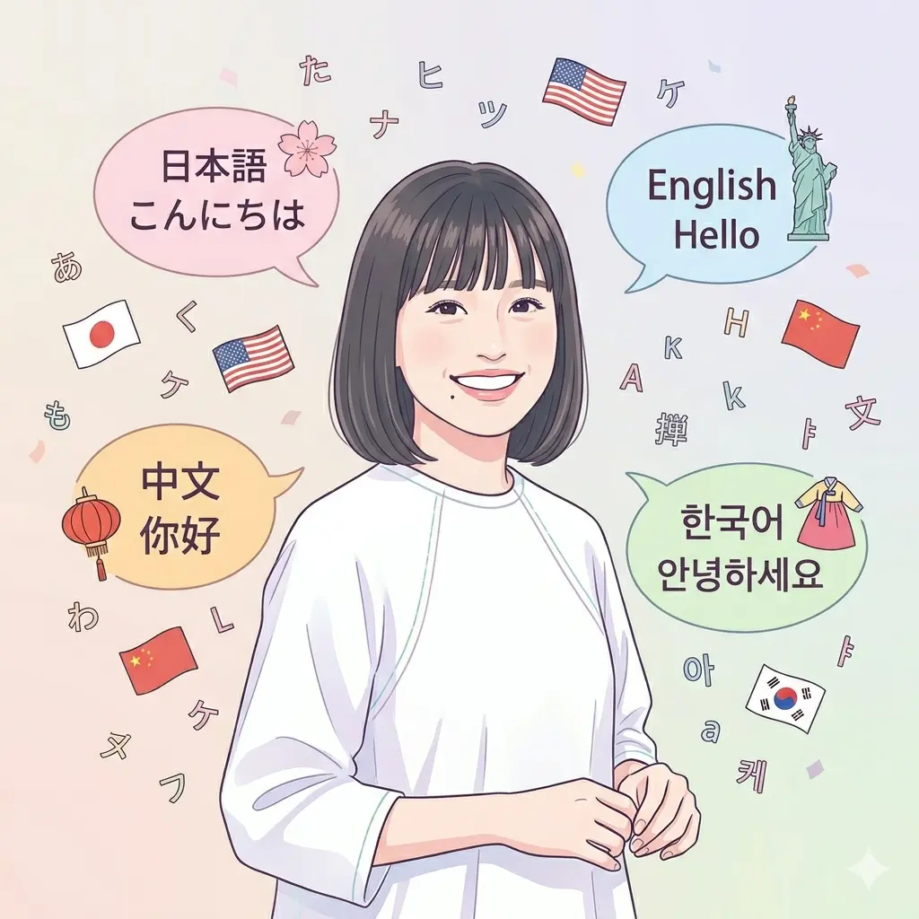 森迫永依さんの笑顔の写真（知的で爽やかなイメージ）をベースにした、ブログ記事のアイキャッチ画像。右側には大きな見出しで「森迫永依は4ヶ国語の才女！」「英検1級＆TOEIC満点の勉強法」と書かれており、その下に日本、アメリカ/イギリス、中国、韓国の国旗とそれぞれの言語名、さらに「上智大学 国際教養学部 卒」「TOEIC 990 / 英検1級」「シャドーイング / 娯楽学習 / 試験突破」といった詳細情報がアイコンと共に盛り込まれている。知的、インスピレーション、爽やか、プロフェッショナルなトンマナのデザイン。