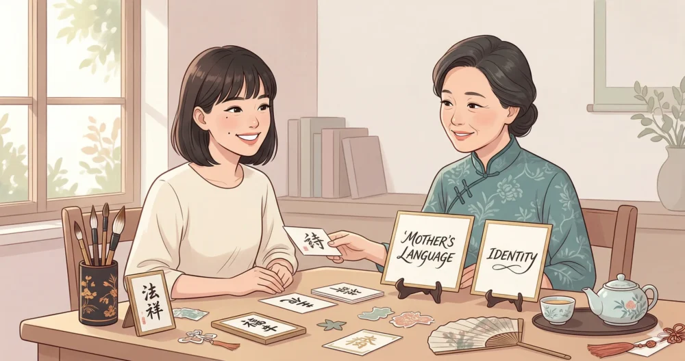 清楚なイラストで描かれた森迫永依さんが、優しげな母親と中国語の文字や文化的な飾りのある食卓で過ごしている。彼女のマルチリンガルのルーツを表現。