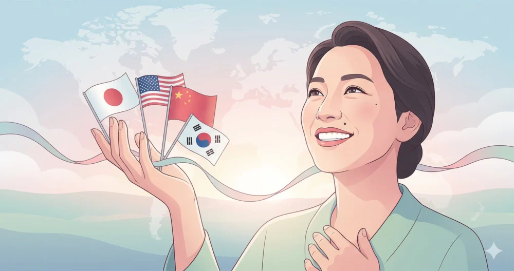 世界地図を背景に、清楚なイラストの森迫永依さんが自信と希望に満ちた表情で上を見つめている。4ヶ国語の旗を手に、今後の展望を象徴。