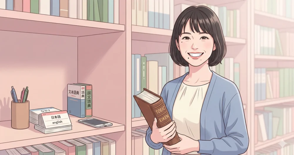 森迫永依さんが愛用したTOEIC公式問題集や英検1級の参考書を手に取る、知的で清楚なイラスト。おすすめ教材を象徴。