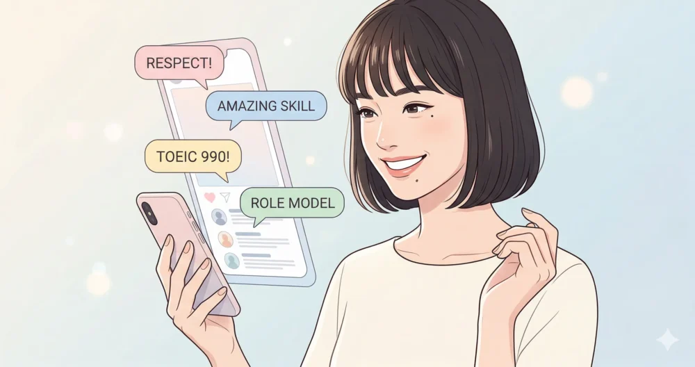 清楚なイラストの森迫永依さんがスマートフォンを手に、SNS(Xや掲示板)のタイムラインを見ている。彼女の語学力に対する称賛の声が浮かんでいる。