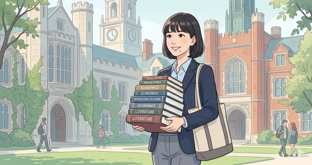 清楚な学生イラストの森迫永依さんが、上智大学のキャンパスを背景に、英語の専門書を抱えて歩いている。国際教養学部での英語漬けの日々を表現。