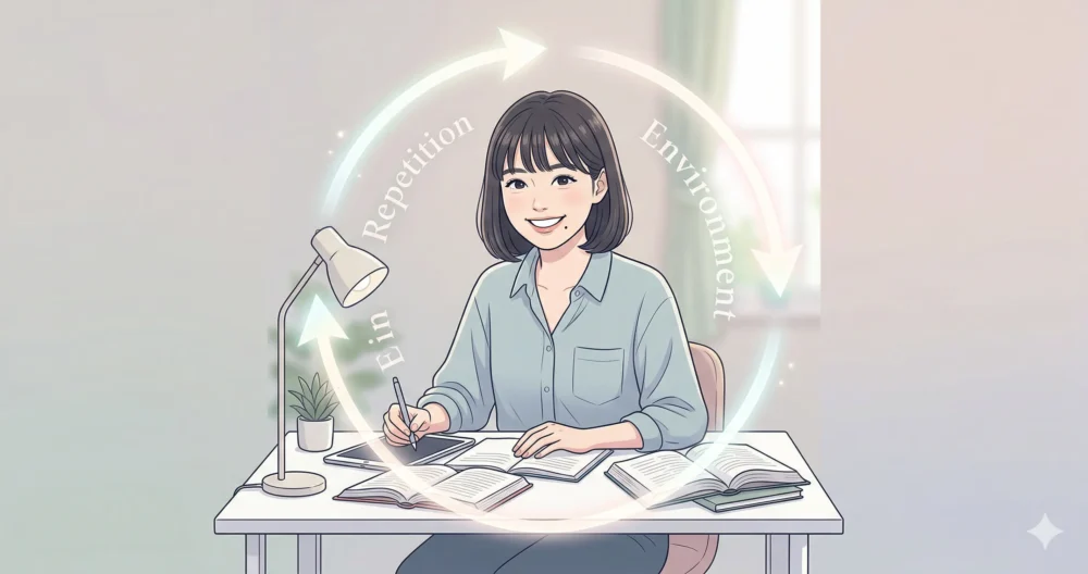 「環境構築」と「反復」をテーマに、集中して勉強に取り組む森迫永依さんの清楚なイラスト。学習の極意を象徴。