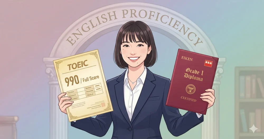 知的で清楚なイラストの森迫永依さんが、TOEIC 990点満点と英検1級の合格証を手にしている。彼女の高い語学スペックを証明。
