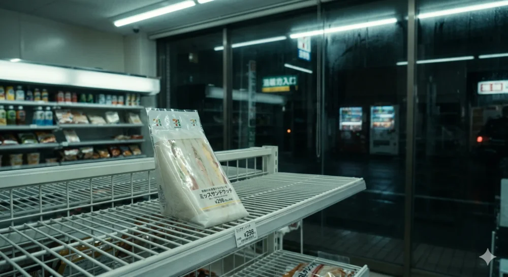 夜のコンビニエンスストアの内観。白いワイヤーシェルフに置かれた、プラスチック包装されたサンドイッチ1つ。包装には日本語で「ミックスサンド」、価格「¥298」と書かれている。背景の雨に濡れた窓越しに、暗い夜の街並みと向かいの店舗の看板が見える。