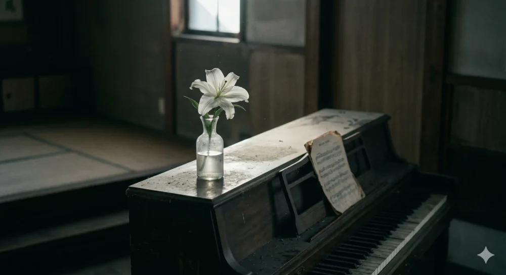 埃をかぶった古びたアップライトピアノの上に置かれたガラス瓶に、一輪の白いユリが活けられている。譜面台には古びた楽譜があり、和室の窓から差し込む自然光がユリとピアノの表面を照らしている。静かでノスタルジックな雰囲気の写真。