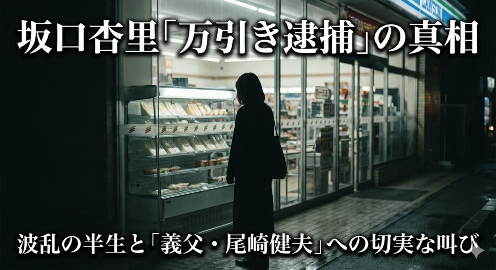 深夜、雨に濡れたコンビニエンスストアの前に立つ、黒いコートを着て背を向けた女性の画像。画像上部には「坂口杏里『万引き逮捕』の真相」、下部には「波乱の半生と『義父・尾崎健夫』への切実な叫び」という白い文字のニュースタイトルが重ねられています。コンビニの明るい店内と、屋外のガラスケースを見つめる女性の孤独な後ろ姿が対比されています。