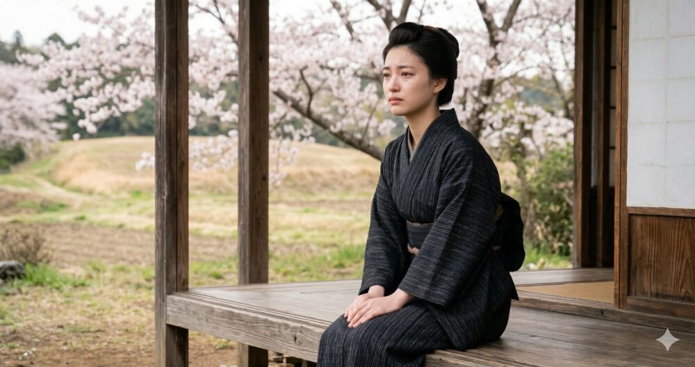 朝ドラ『ばけばけ』の完結を前に、古い木造建築の縁側で健気な表情で涙を溜めた瞳を見せる野内まる(ウメ)。ウメロスを予感させる名シーン。