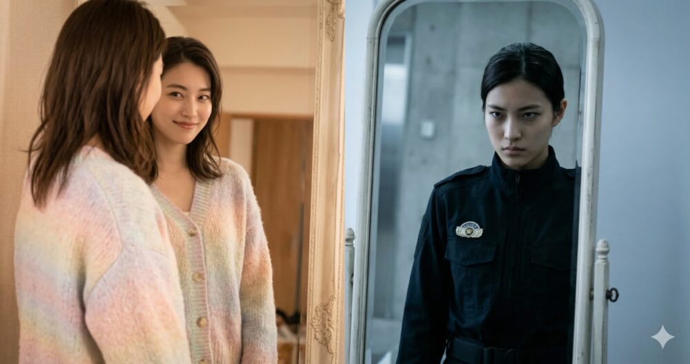 鏡の前で、『冬のなんかさ〜』の柔らかい笑顔(陽)と、鏡の中に映る『教場』の鋭い生徒(陰)の2つの表情を使い分ける「憑依型」女優、野内まるのギャップ acting。