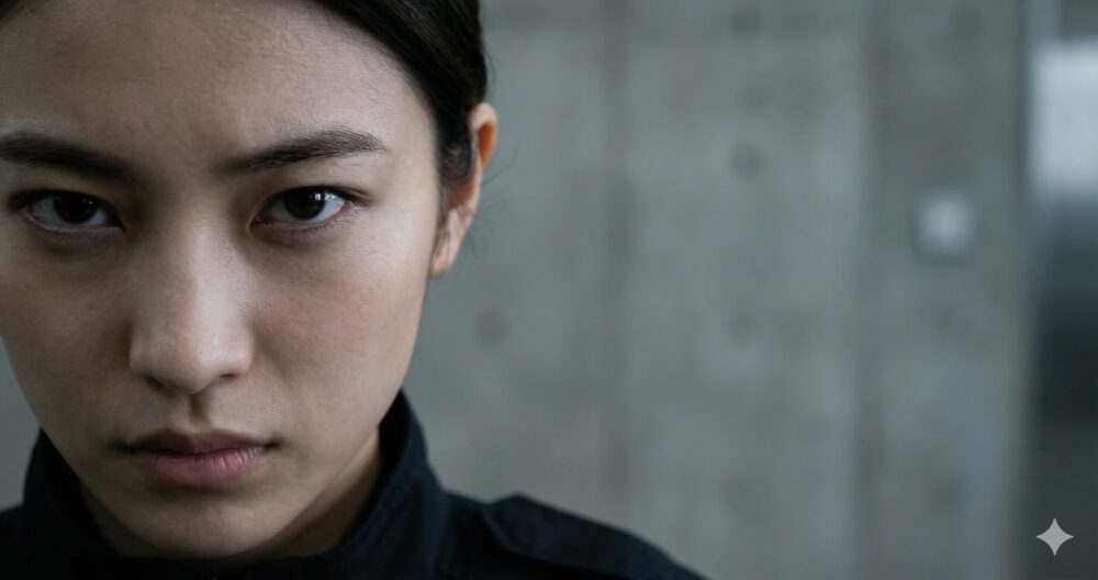 映画『教場 Requiem』の警察学校訓練場で、冷徹で鋭い眼光、狂気を感じさせる「目の演技」を見せる野内まるのクローズアップ。