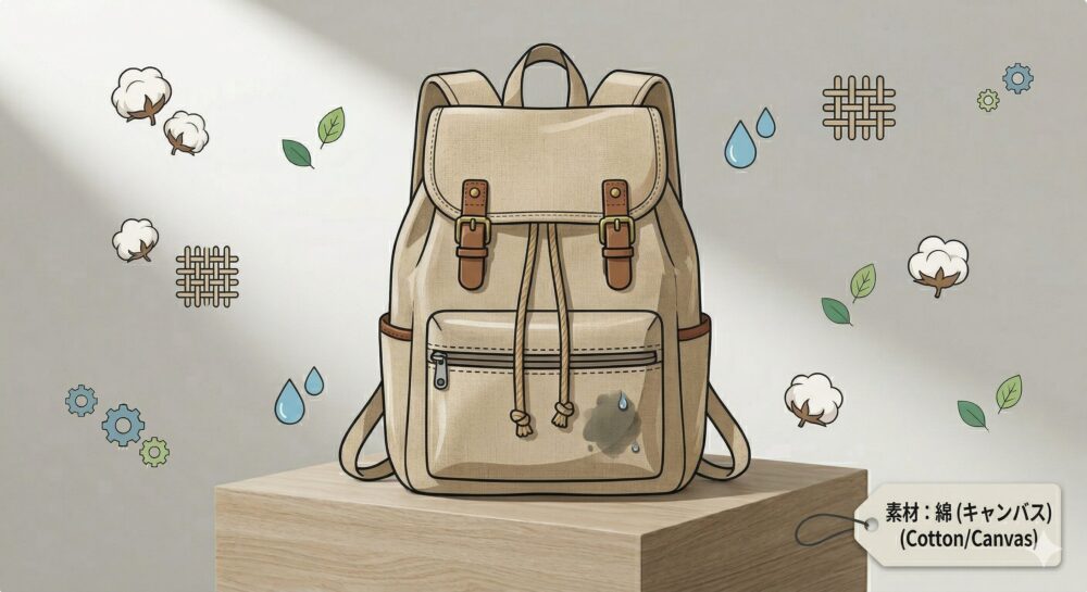 木製の展示台の上に置かれた、ヴィンテージなベージュのキャンバスリュックサック。ドローストリングと2つのレザーストラップ付きフラップがあり、フロントポケットには水滴が付いたシミがある。背景の壁には、綿花、織物、水滴、葉、歯車の小さなイラストが浮いている。右下に紐でぶら下がったタグがあり、そこには日本語で「素材：綿（キャンバス）」、その下に英語で「(Cotton/Canvas)」と書かれている。全体的にクリーンなデジタルイラストレーション。