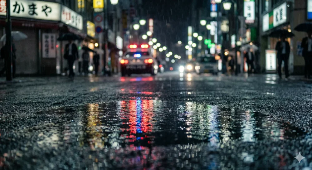 雨の降る日本の夜の街路。濡れたアスファルトにできた水たまりが、遠景に停車するパトカーの赤と青の警告灯と、周囲の街灯の暖色の光を鮮明に反射している。水たまりには、遠くのネオンサインや日本語の看板(「かまや」など)が並ぶ都会の街並みもボケ(Boke)て映り込んでおり、ドラマチックで雨の日の都会の情景を作り出している。ローアングルの視点。