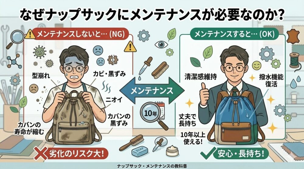 『なぜナップサックにメンテナンスが必要なのか?』と日本語で書かれた、クリーンで現代的な教育用インフォグラフィックパネル。中央には『メンテナンス』の文字と双方向矢印、10年カレンダー、虫眼鏡が描かれている。左側のパネルは『メンテナンスしないと… (NG)』で、劣化してボロボロになった汚れたナップサックを持った汗をかいた男性アプライザー(persisting character)のイラストと、型崩れ、カビ・黒ずみ、ニオイ、劣化のリスク大といった日本語ラベルとアイコン(菌、カビ、悪臭波)。右側のパネルは『メンテナンスすると… (OK)』で、新品のようにきれいで鮮やかで撥水しているナップサックを持った笑顔のアプライザーのイラストと、清潔感維持、撥水機能復活、丈夫で長持ち、10年以上使える、安心・長持ちといった日本語ラベルとアイコン(健康な葉、笑顔、輝き、水滴)。周囲には、虫眼鏡、目、歯車、糸巻き、水滴、清潔感の輝き、菌、カビ、ダニの浮かぶアイコン。フッターには『ナップサック・メンテナンスの教科書』の日本語テキスト。ぼかされたワークショップの背景。 image_13.pngからの一貫したスタイルとカラーパレット。